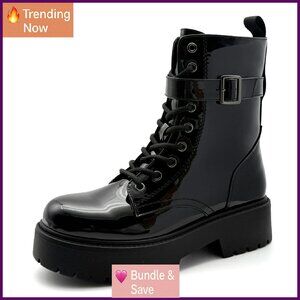 Chunky Heel Patent Leather Combat Boots, Side Zipper & Lace-Up Ankle Booties